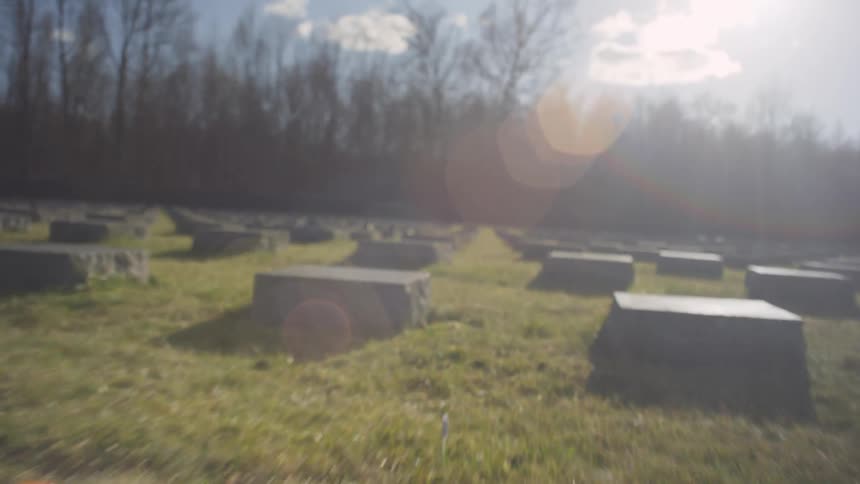 A large cemetery has many rows of square headstones