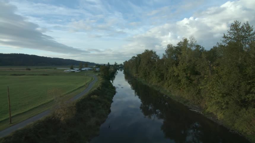 A river runs along a farm