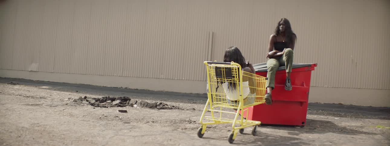 A woman sits on a dumpster talking to a woman sitting in a shopping cart