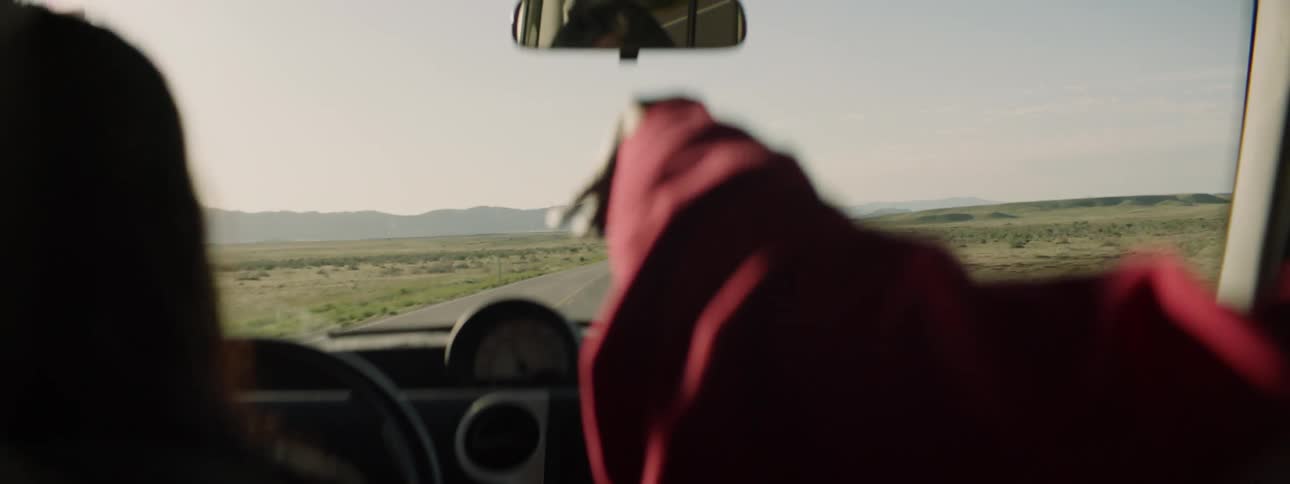 A passenger in a vehicle is moving their hands and arms similar to dancing