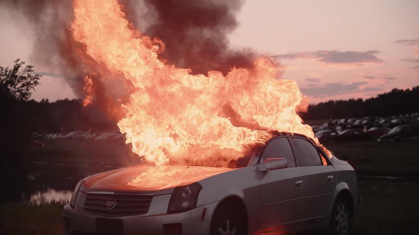 Car blazes brightly on fire and smoke fills the air