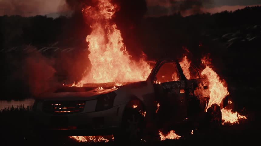 Firemen Extinguishing Burning Car