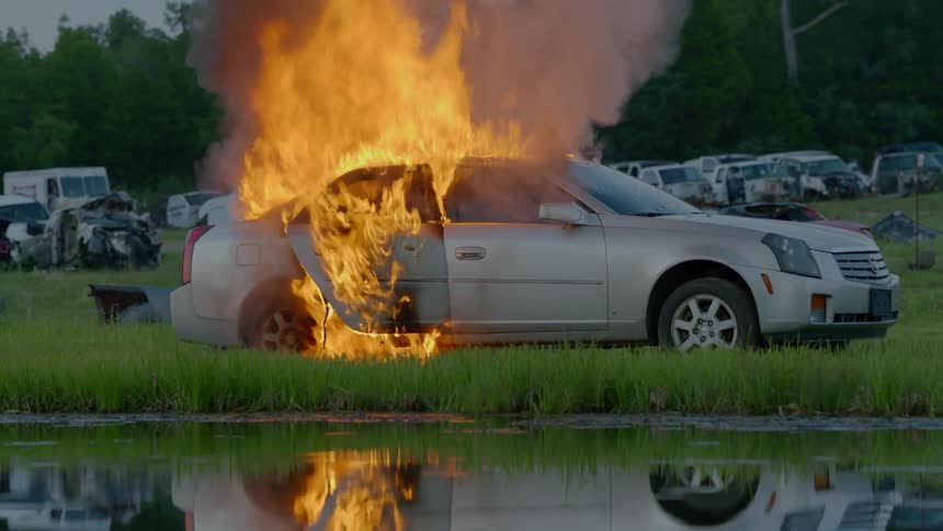 Firemen Extinguishing Burning Car