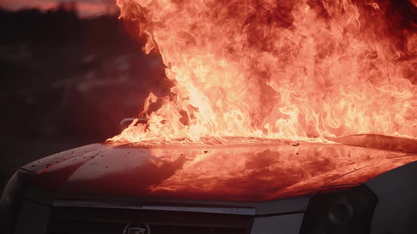 Car blazes brightly on fire and smoke fills the air