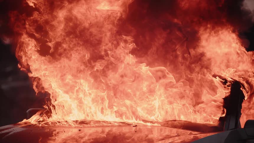 A luxury car engulfed in flames