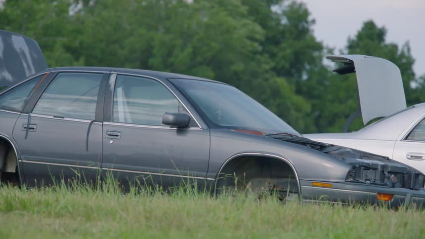 Two cars are in the grass with the trunks open