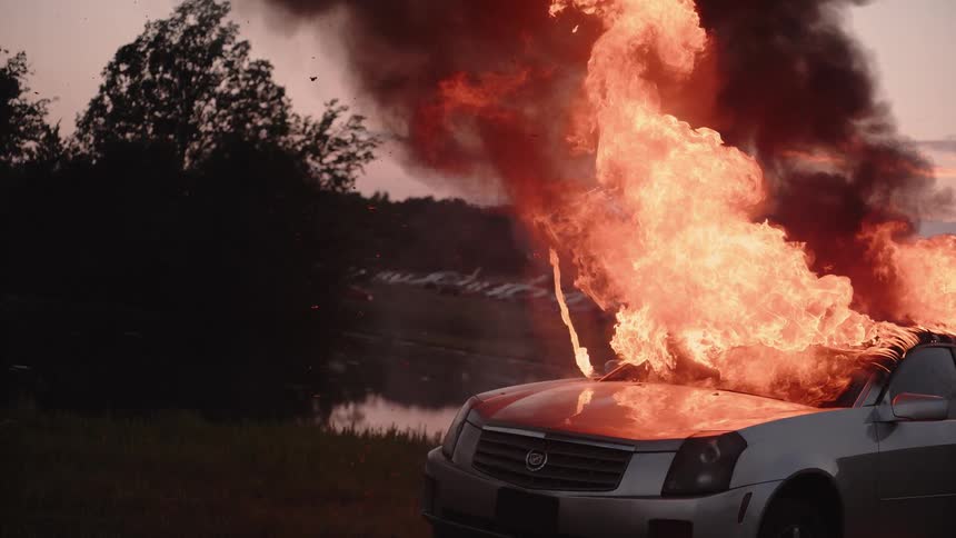 A large fire comes out from the roof of a car next to the water