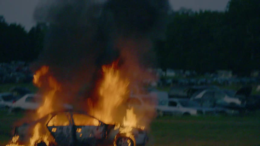 Smoke billows from a car fire near a lake