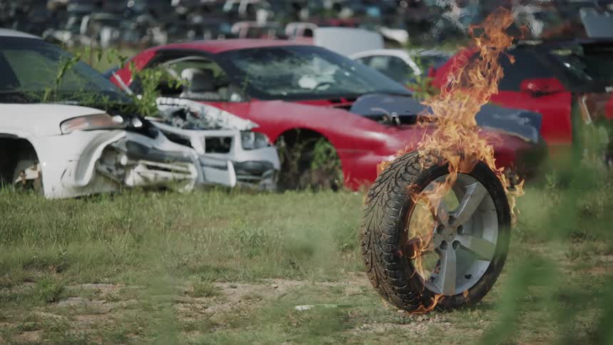 A tire stands balanced upright as it burns