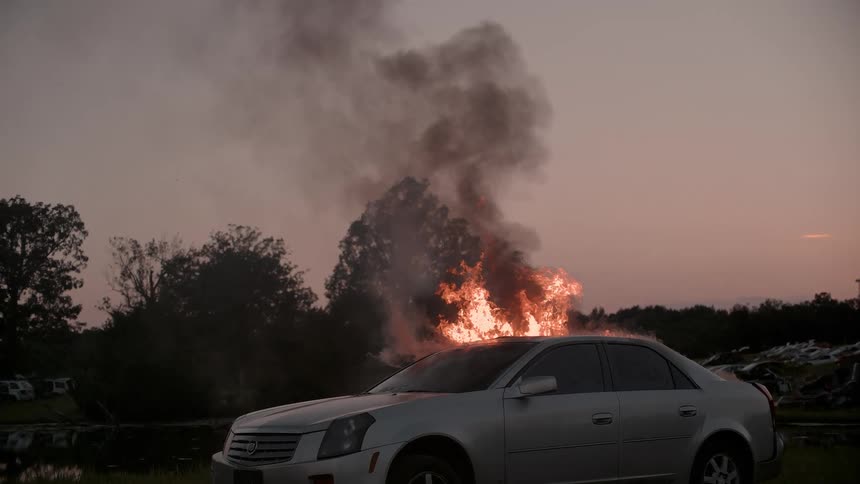 A fire burns around a car parked in the grass as night falls