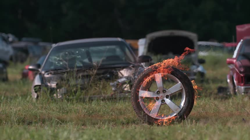 A wheel from a car that is on fire rolling through a scrap yard