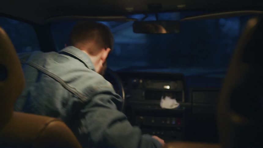 A man and woman get out of a car into the twilight
