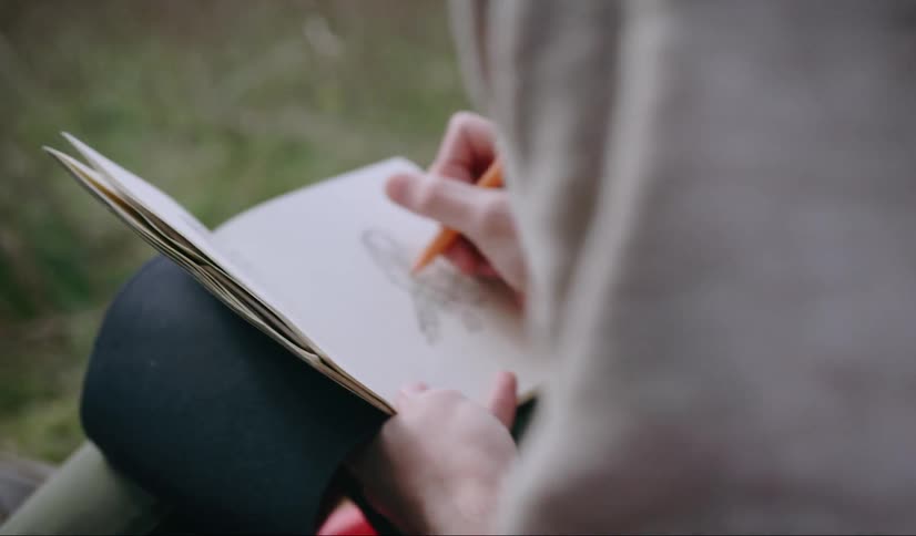 A man sitting in a field sketch in a book