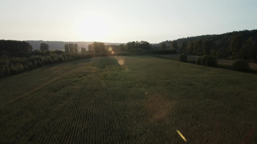 A farmland is shown at dusk