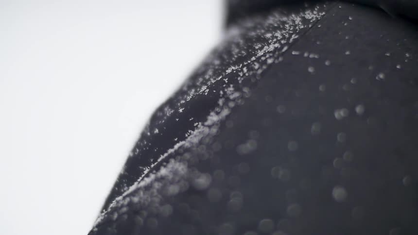Snowflakes fall onto the shoulder of a person