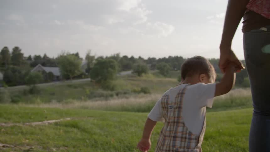 An adult holds a child's hand as they walk through a grassy field