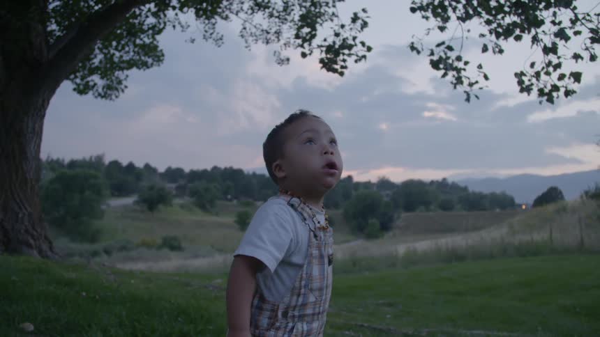 A child is playing  in a field
