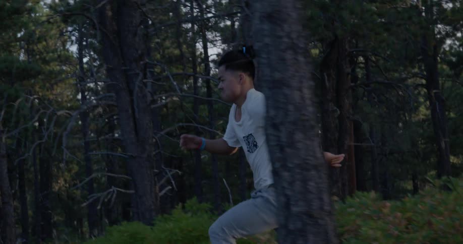 A person running in the woods