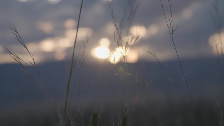 Slow motion view of the sun setting above the grassland