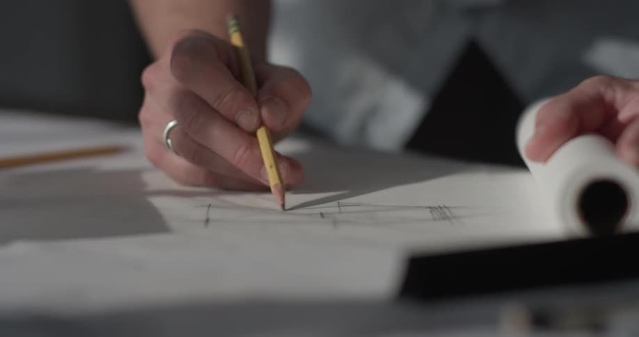 A man sketches on paper with a pencil