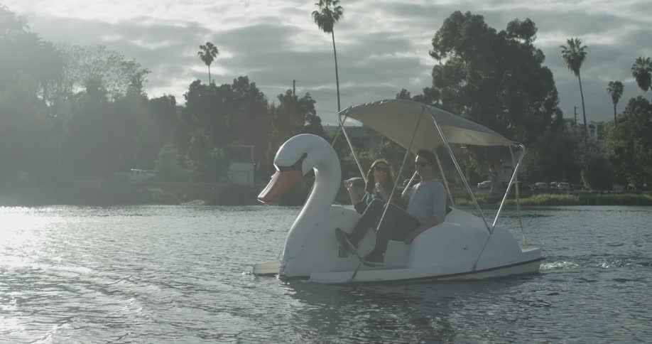 A man and a woman paddling a swan boat in a small lake
