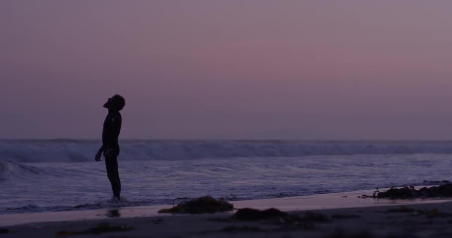 A man stands on the beach during a sunset