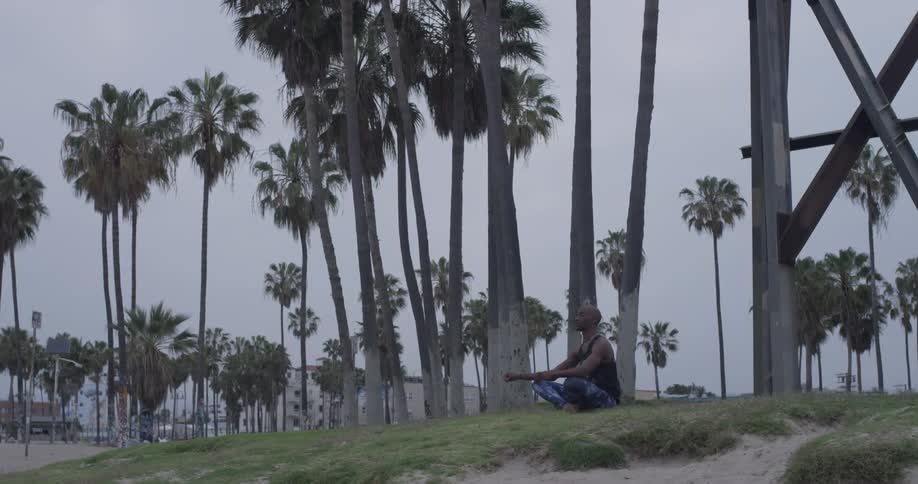 Man meditates in a park with palm trees on a cloudy day