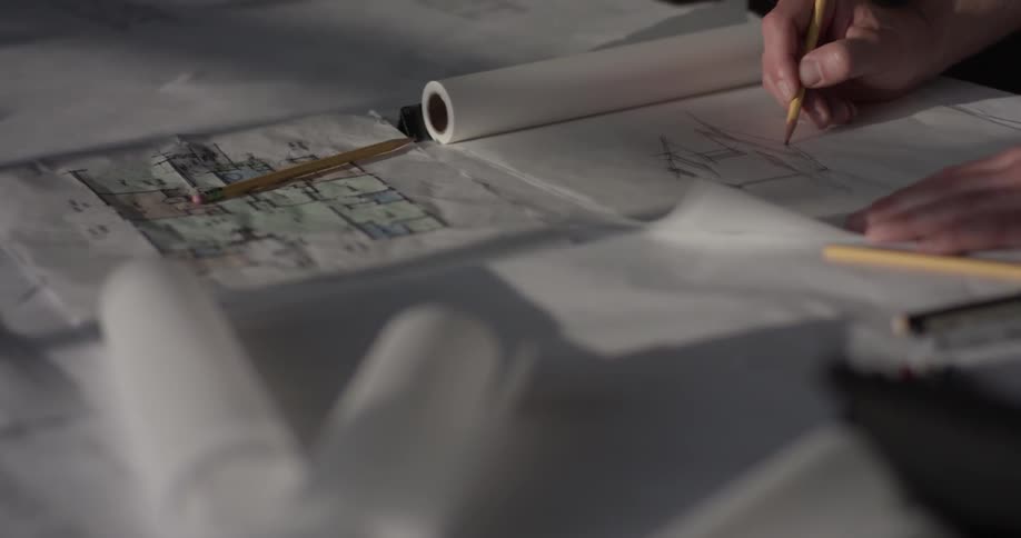 A architect draws out some ideas for a house on some paper on a desk