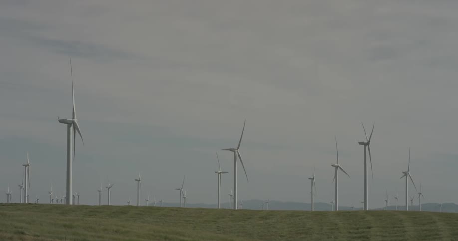 Rotating windmills in a grassy field