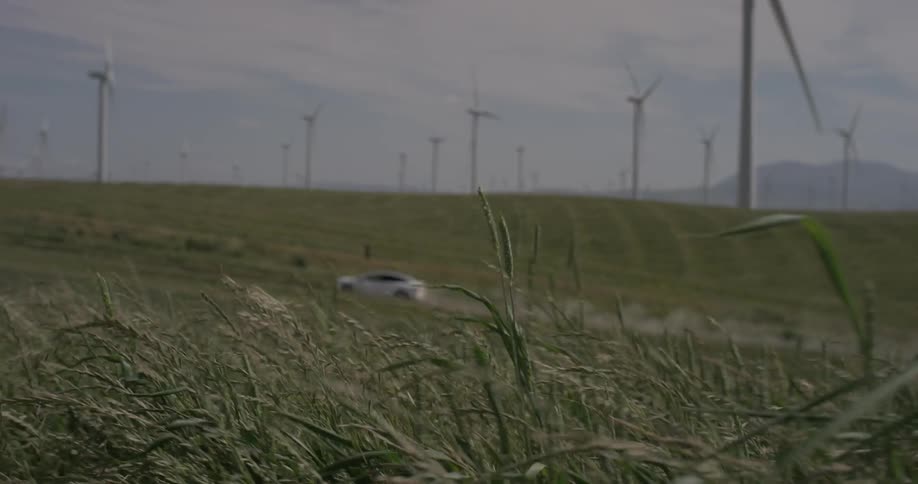 A car drives down a road that's near lots of windmills