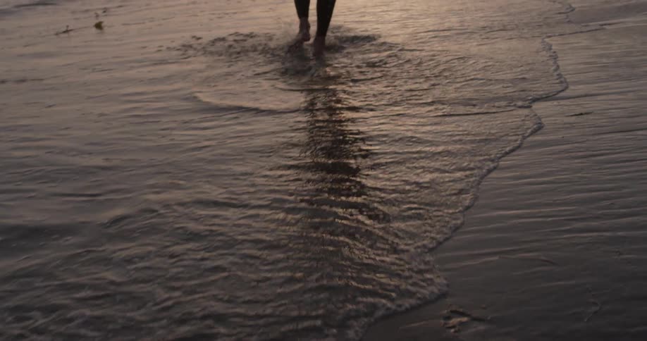 A person walks along the water edge