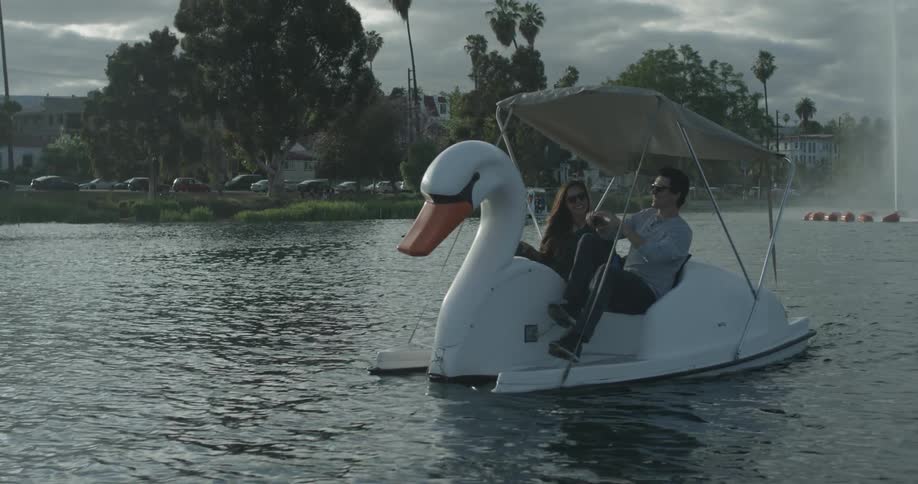 A man and woman pedaling a swan pedal boat