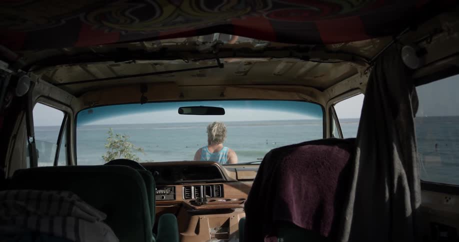 A person getting out of a van and looking at the ocean