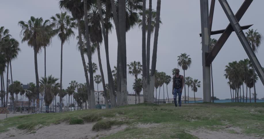 Man walking on the grass near a beach