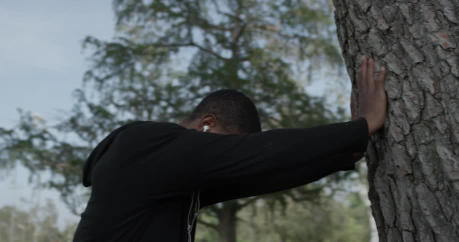 Man stretches and pushes against tree on a sunny day