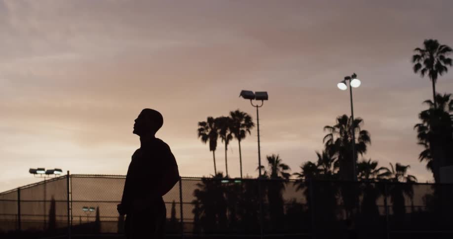 A man stands looking into the distance at dusk