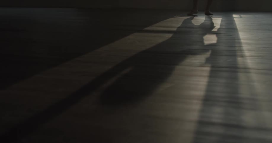 Long shadow of a female dancer on the wood floor