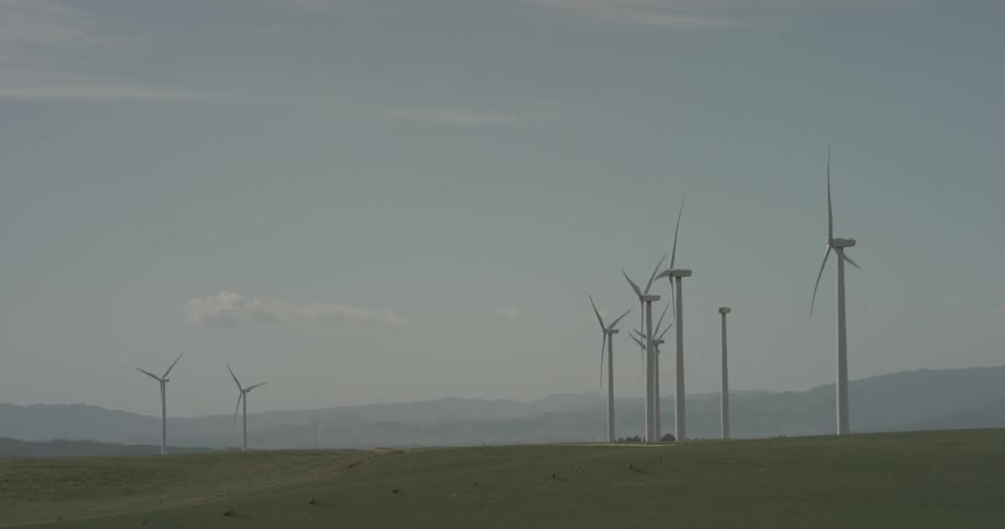 A group of windmills rotating in a field