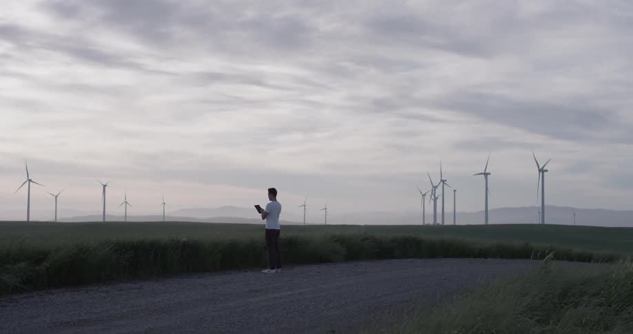 A man holding a tablet stands on a path in a field of windmills