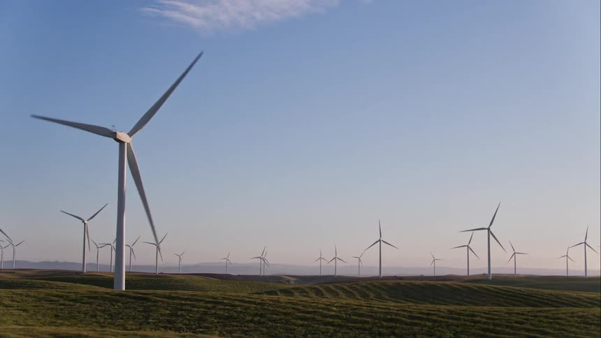 Windmills rotating in a field that has grass