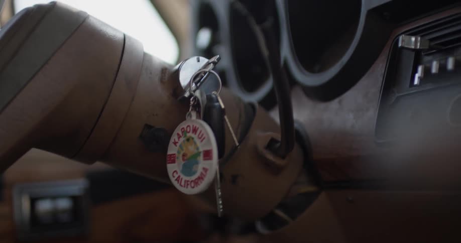 A pair of keys that are hanging from a steering column in a car