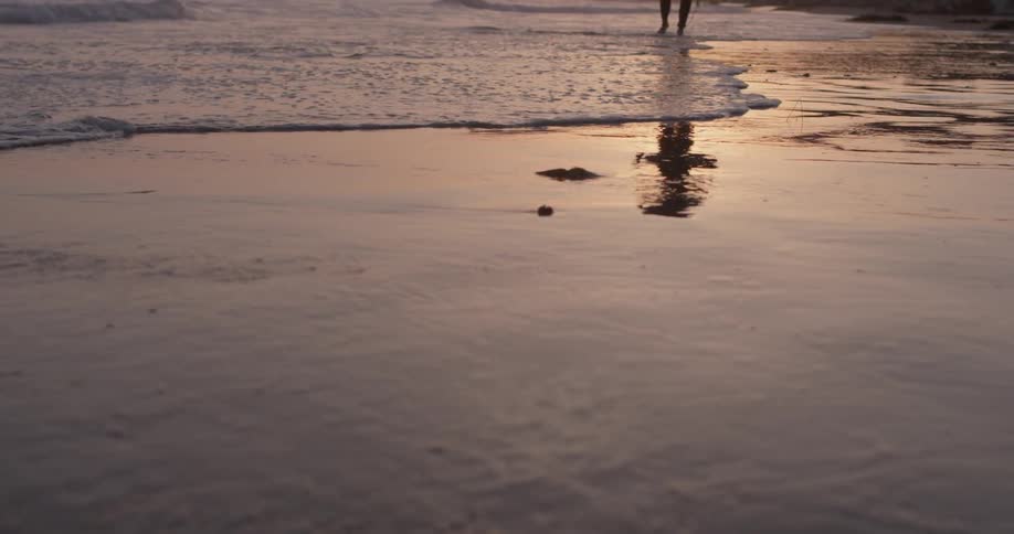 A person walks the shore with the water hitting their feet