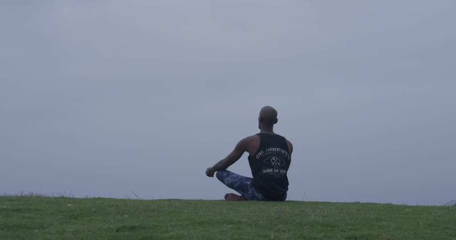 Man meditating on a field next to birds