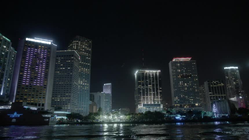 A city skyline at night