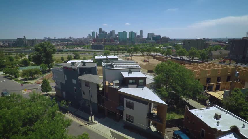 A city neighborhood is shown