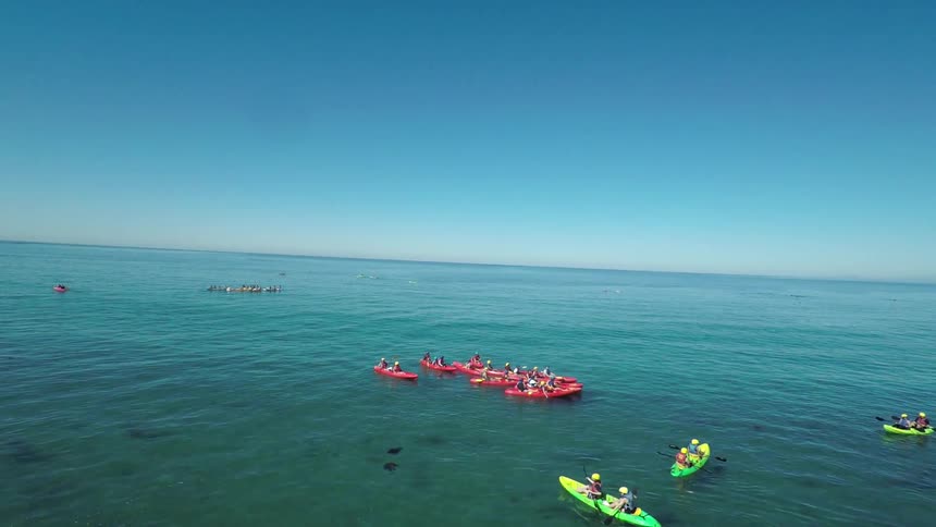 Kayakers in the middle of the clear blue sea