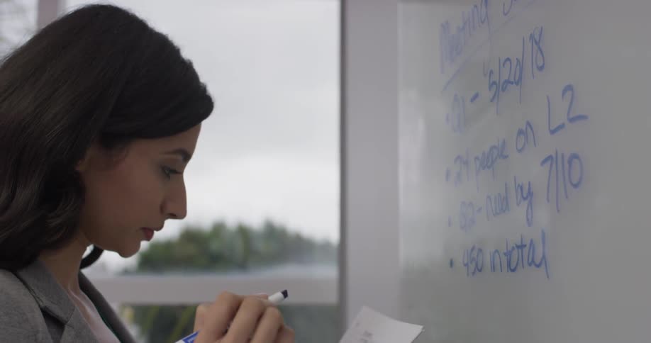 A woman writing on a whiteboard