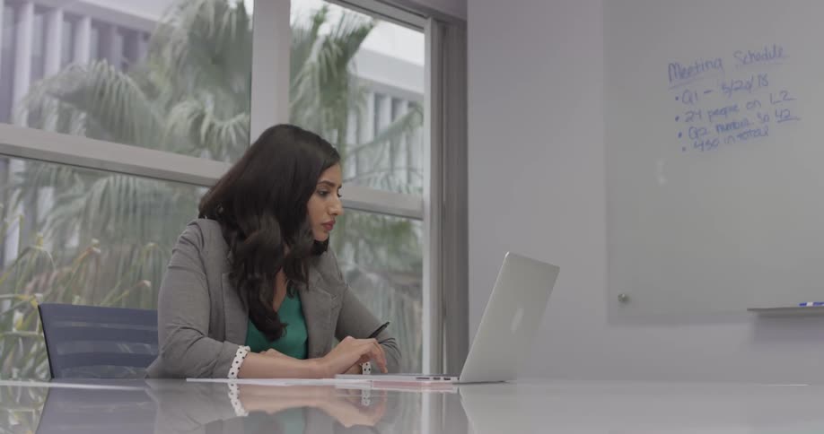 A woman with a pen looking at a laptop