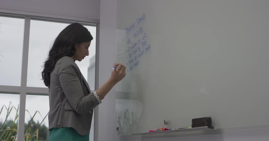 A woman that is writing on a whiteboard