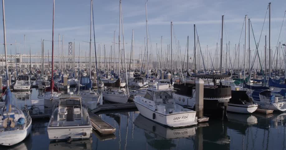 A marina that is full of boats near a bridge